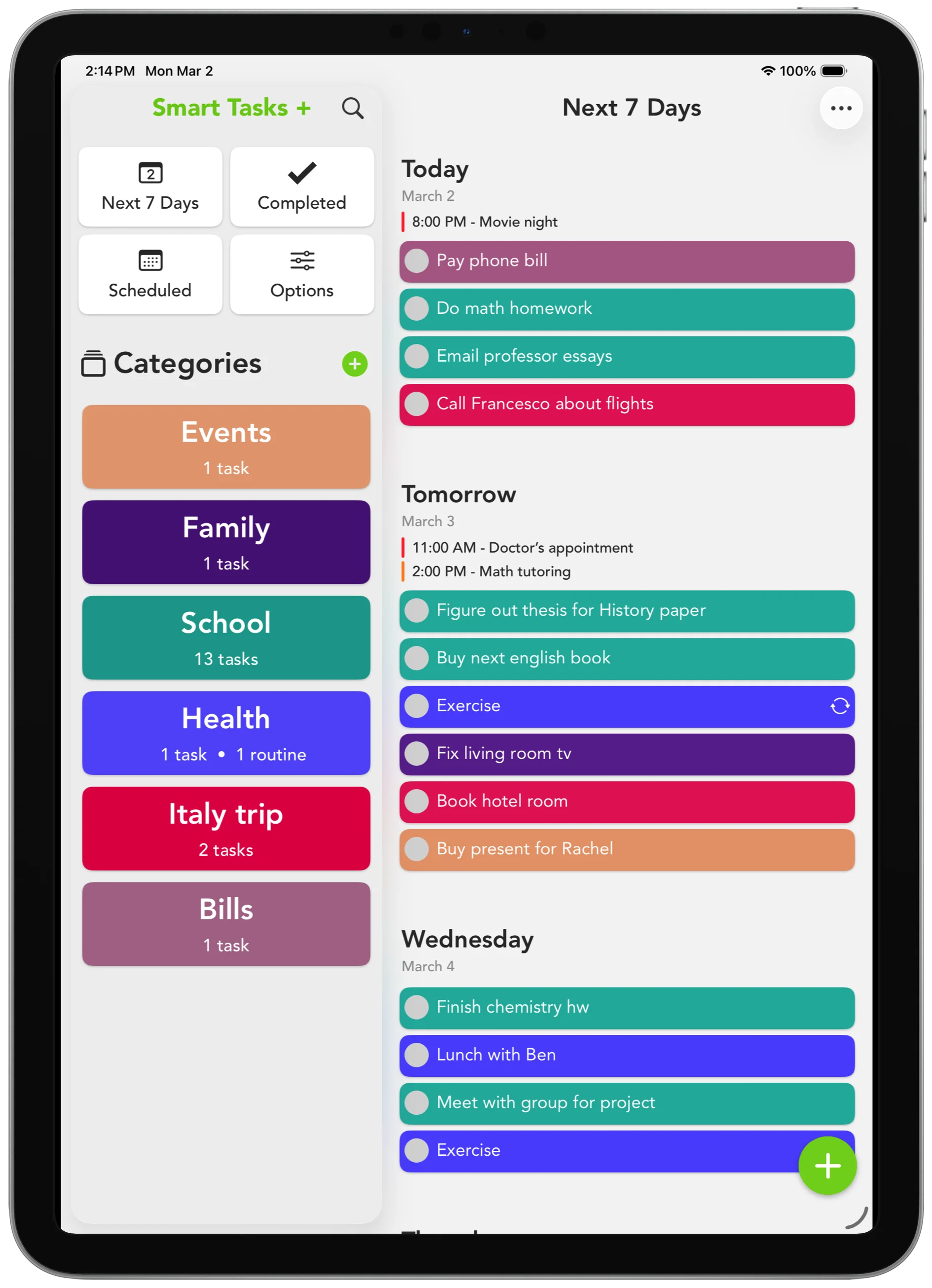 Smart Tasks on iPad, showing a sidebar of categories and upcoming tasks.