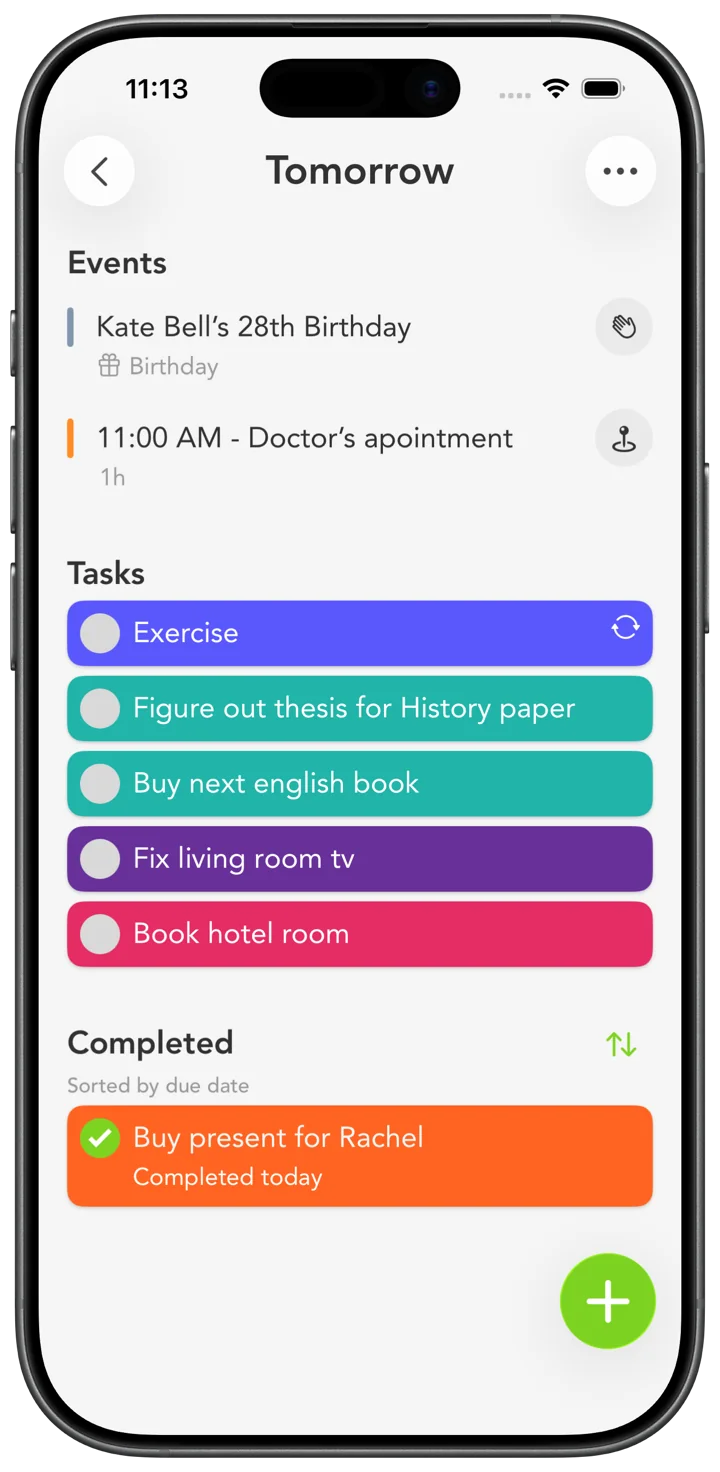 Tomorrow in Smart Tasks: calendar events above colorful tasks and a completed task.