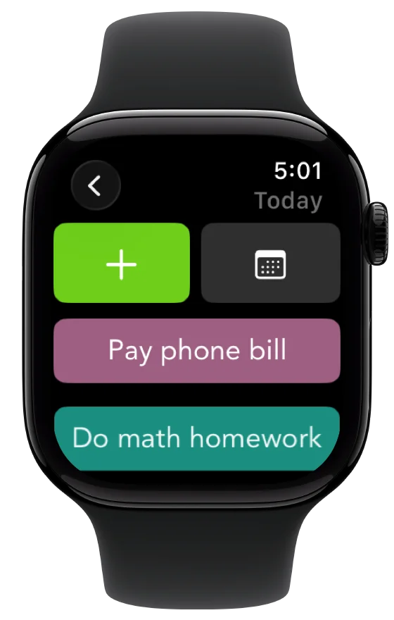 Smart Tasks on Apple Watch, showing today’s tasks and the add button.